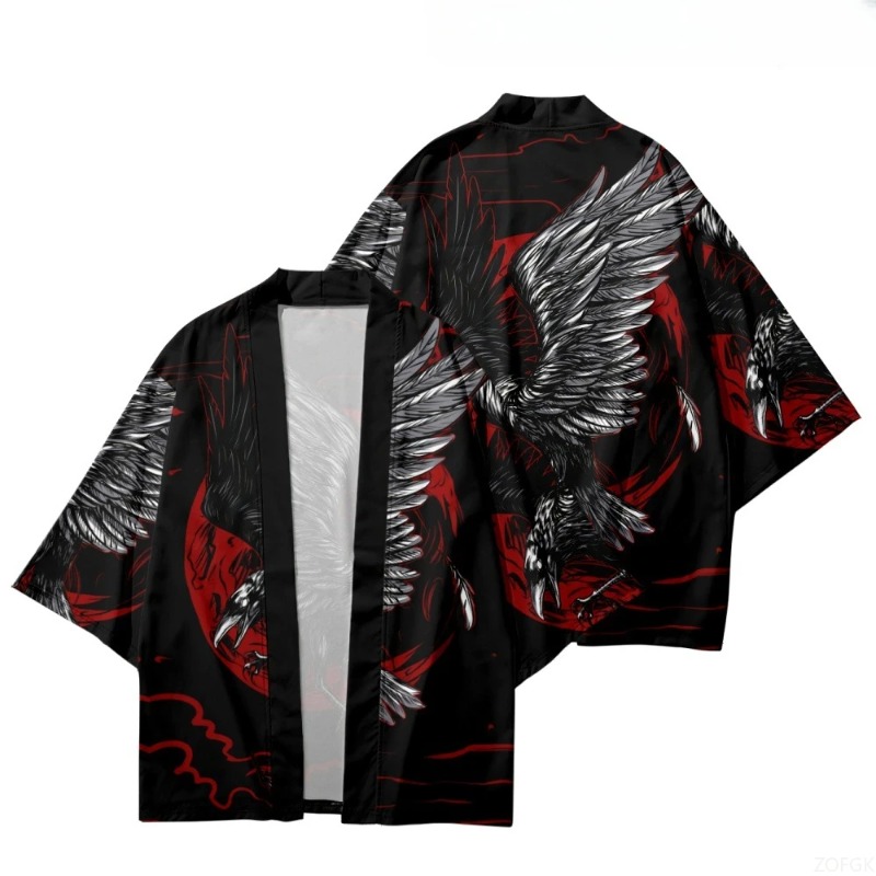 Street Fashion Kimono - Mode Kraai Gedrukt Open Voorzijde Kimono
