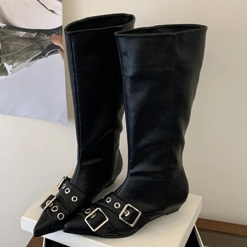 Street Fashion Dress - Unieke metalen gespsieraden, mid-calf laarzen voor