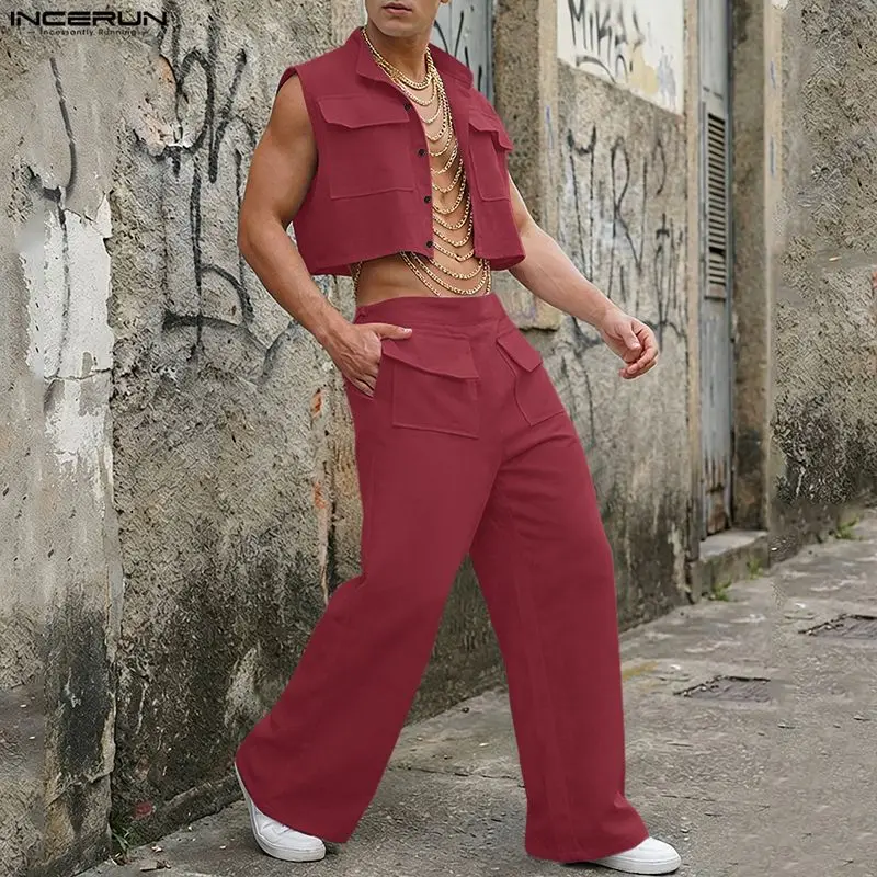 Street Summer Fashion - INCERUN Mannen Sets Solid Mouwloze Crop