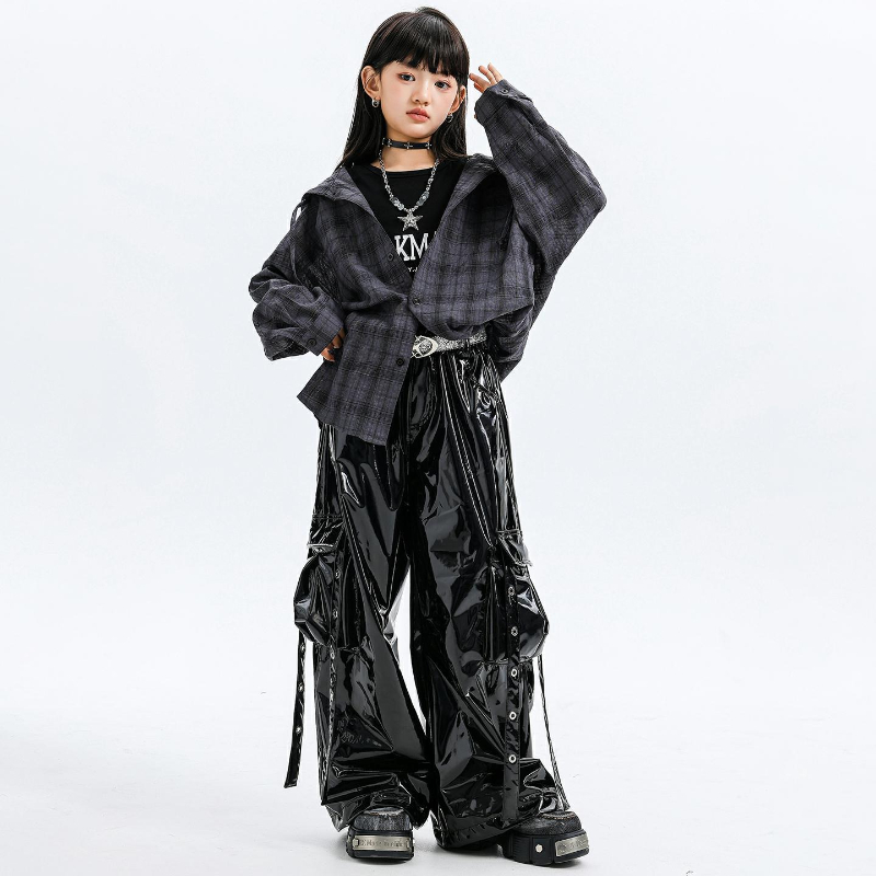Street Fashion Kpop - Meisjes Jazzdanskostuums Geruit overhemd met capuchon
