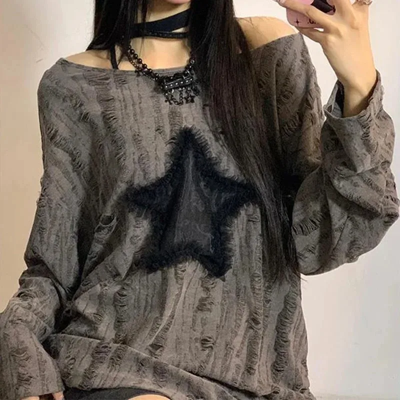 Y2K Gat Sterrenprint T-shirt V - Street Fashion Kpop recensie en prijs